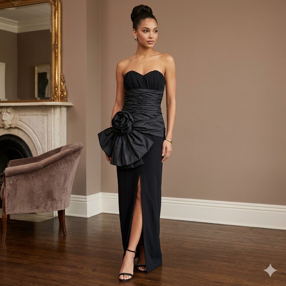 Victor Costa for Sakowitz Vtg Black sz 10/12* Strapless Rosette Gown Dress